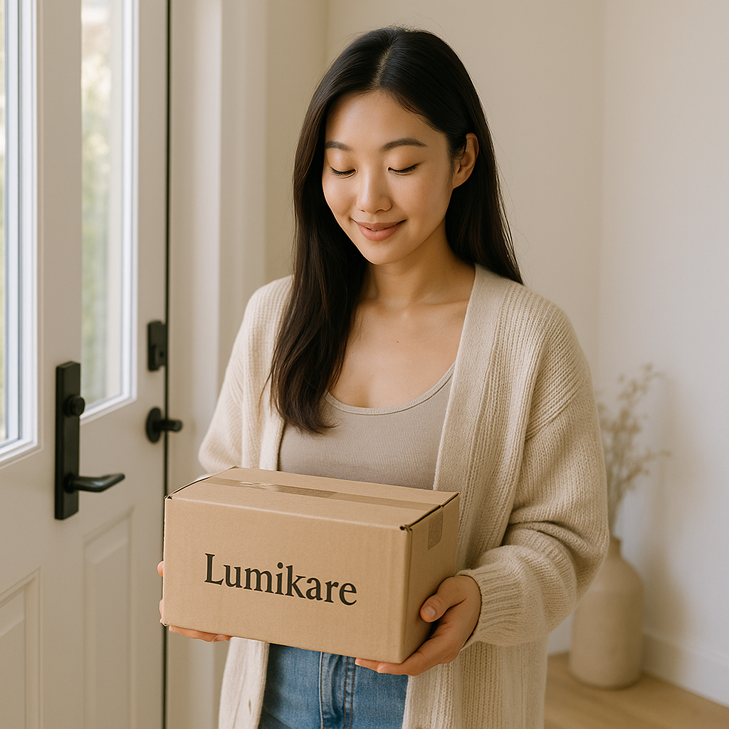 Modelo coreana recibiendo un paquete de cosmética coreana de Lumikare en la entrada de su casa, luz natural, ambiente acogedor.